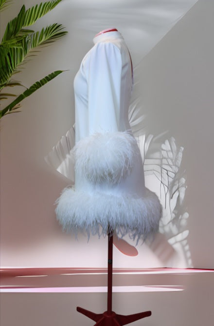 MARAYA Plus Size Long sleeve High Neck Feather mini dress