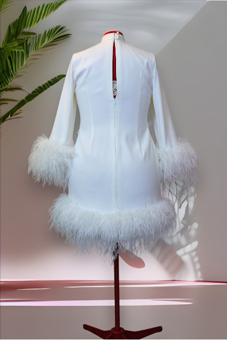 MARAYA Plus Size Long sleeve High Neck Feather mini dress