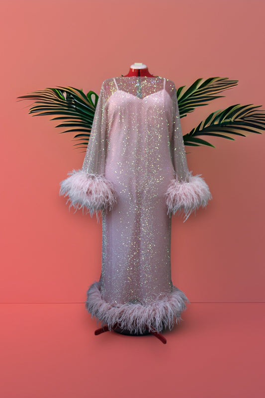 MARAYA Plus Size Pink Rhinestone Mesh Long Sleeve Bottom Maxi Feather Dress