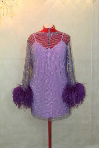 MARAYA Plus Size Purple Rhinestone Mesh Long Sleeve Mini Feather Dress With Slip Dress