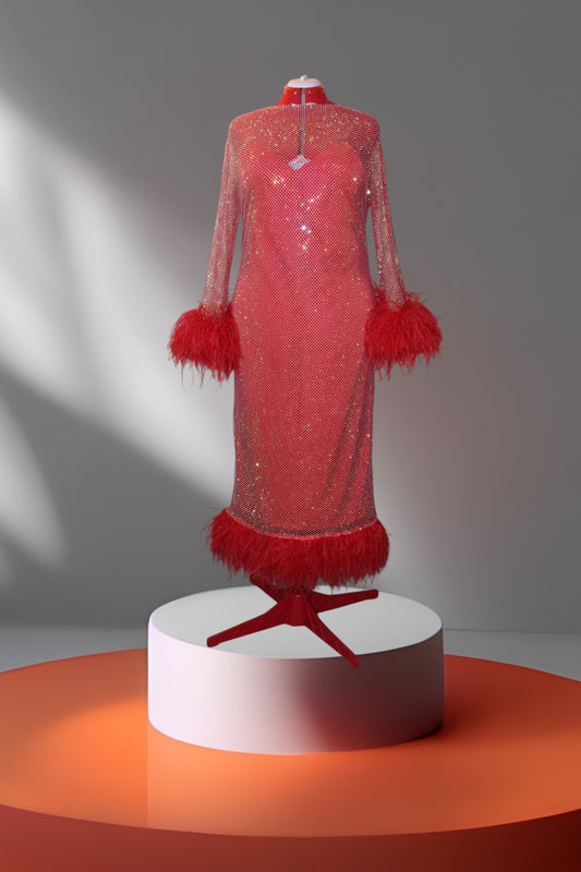 MARAYA Plus Size Red Rhinestone mesh Long Sleeve Mesh Maxi Dress With Slip dress