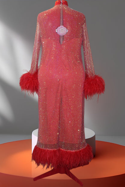 MARAYA Plus Size Red Rhinestone mesh Long Sleeve Mesh Maxi Dress With Slip dress