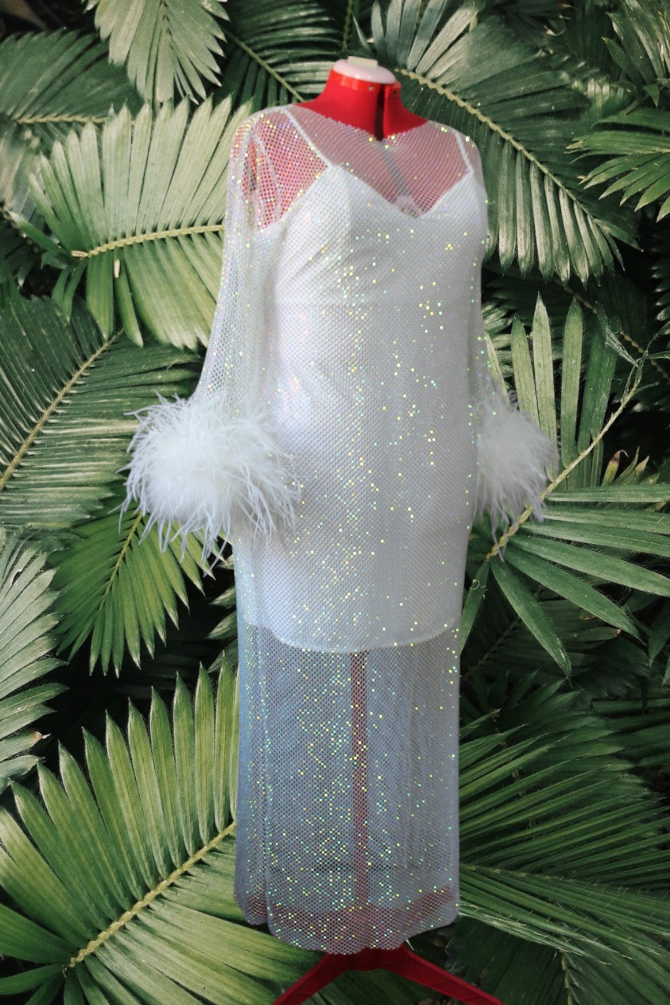 MARAYA Plus Size Rhinestone Mesh Long Sleeve Maxi Dress With Slip dress