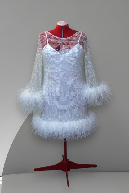 MARAYA Plus Size White Rhinestone Mesh Long Sleeve Bottom Mini Feather Dress