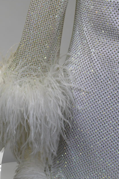 MARAYA Plus Size White Rhinestone Mesh Long Sleeve Bottom Mini Feather Dress