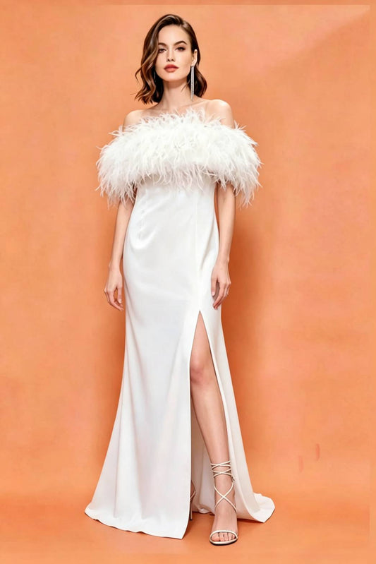 MARAYA Plus Size Wedding Dress Off-Shoulder Top & High waist Long skirt slit left