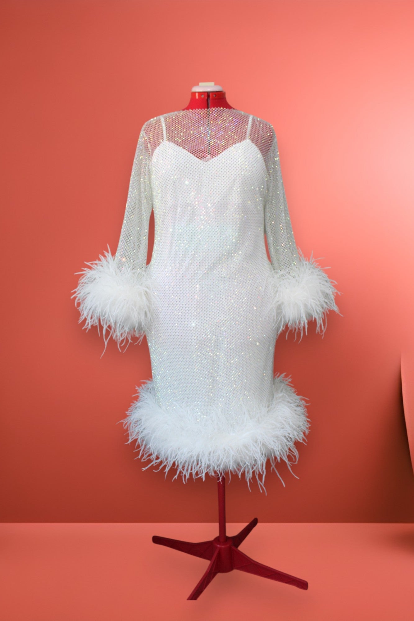 MARAYA Plus Size White Rhinestone Mesh Long Sleeve Bottom Midi Feather Dress 10 US women's numeric / Without Slip Dress MARAYA Plus Size White Rhinestone Mesh Long Sleeve Bottom Midi Feather Dress 10 US women's numeric / Without Slip Dress