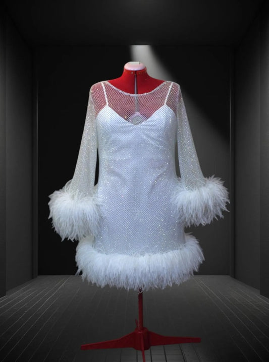 MARAYA Plus Size White Rhinestone Mesh Long Sleeve Bottom Mini Feather Dress