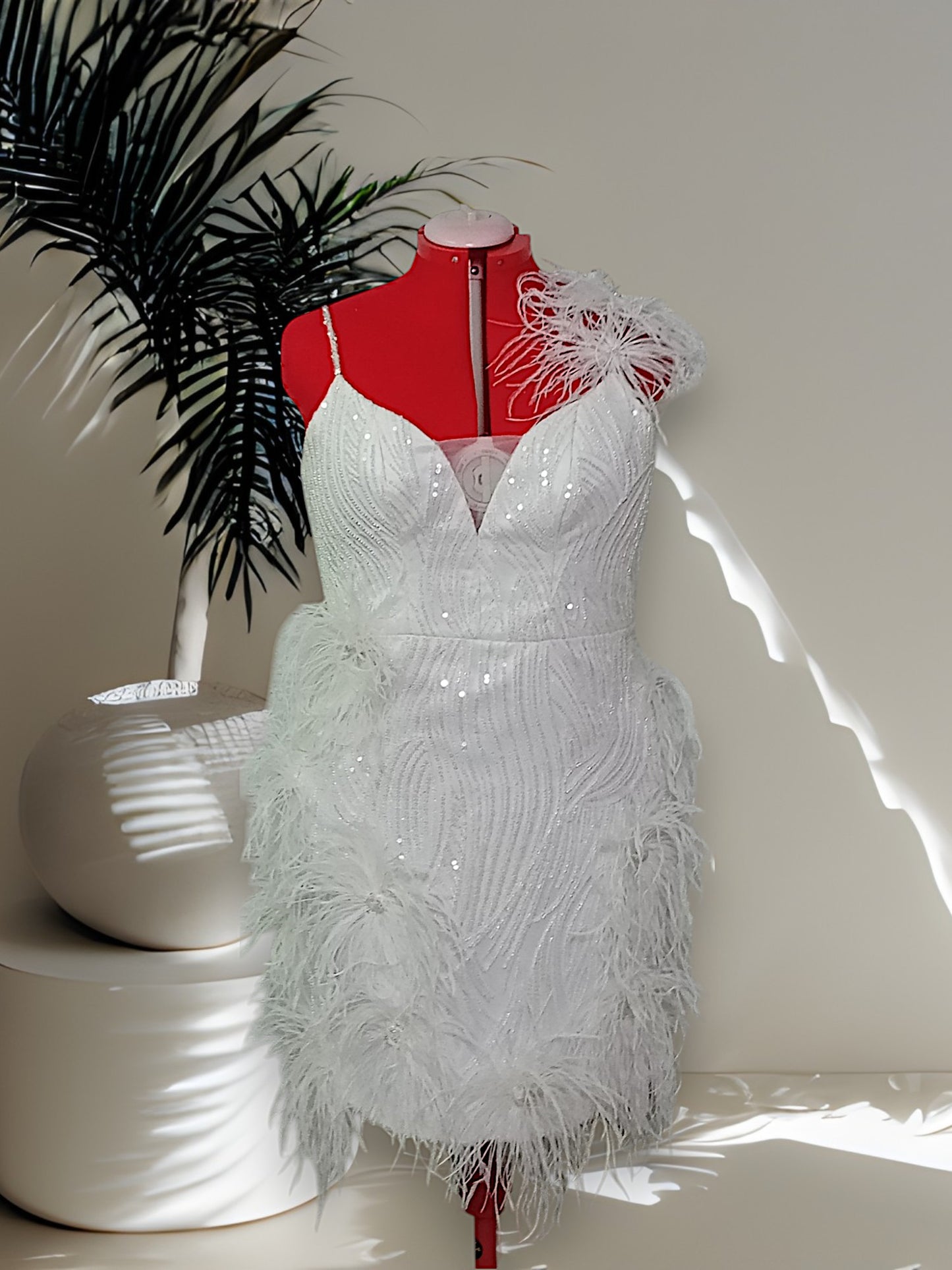 MARAYA Plus Size White Rhinestone Sleeveless V-Backless Mini Feather Dress Wedding Dress