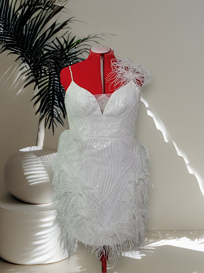 MARAYA Plus Size White Rhinestone Sleeveless V-Backless Mini Feather Dress Wedding Dress