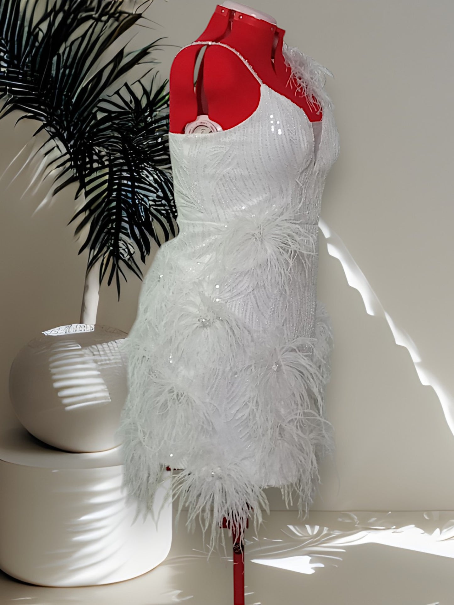 MARAYA Plus Size White Rhinestone Sleeveless V-Backless Mini Feather Dress Wedding Dress