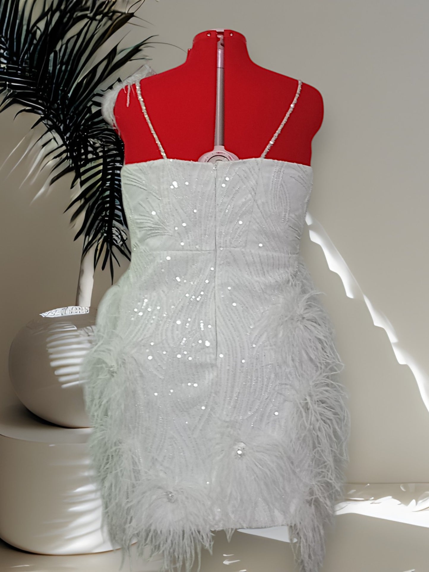MARAYA Plus Size White Rhinestone Sleeveless V-Backless Mini Feather Dress Wedding Dress