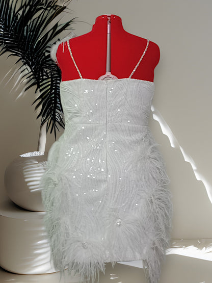 MARAYA Plus Size White Rhinestone Sleeveless V-Backless Mini Feather Dress Wedding Dress
