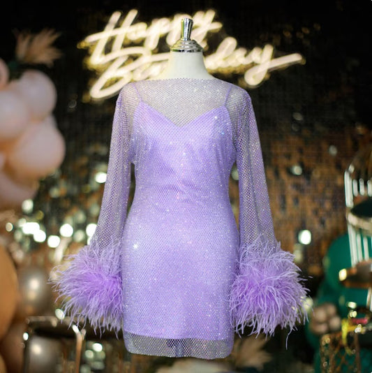 MARAYA Purple Rhinestone Mesh Feather Mini Dress