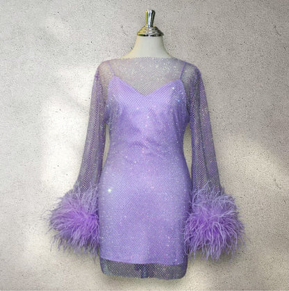 MARAYA Purple Rhinestone Mesh Feather Mini Dress