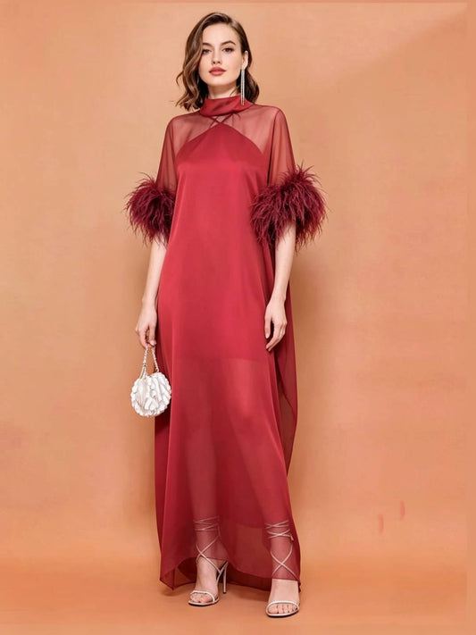 MARAYA Red Kaftan Shift Evening Maxi Feather dress