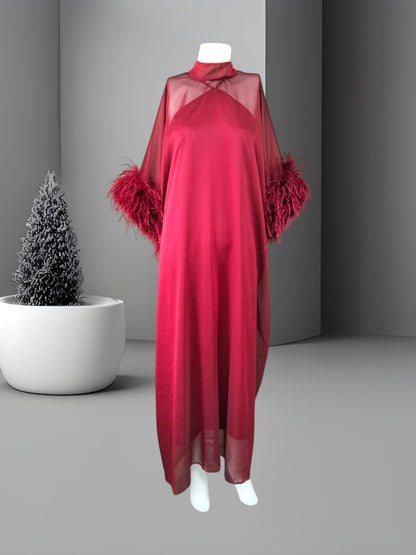 MARAYA Red Green Kaftan Shift Evening Maxi Feather dress