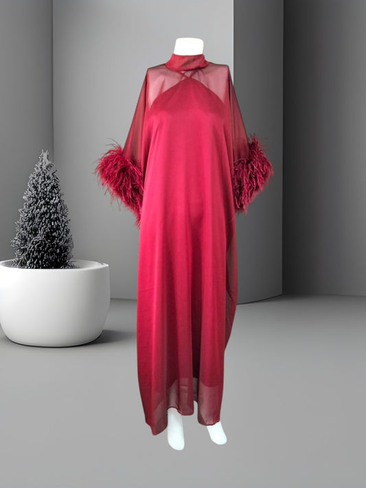 MARAYA Red Green Kaftan Shift Evening Maxi Feather dress