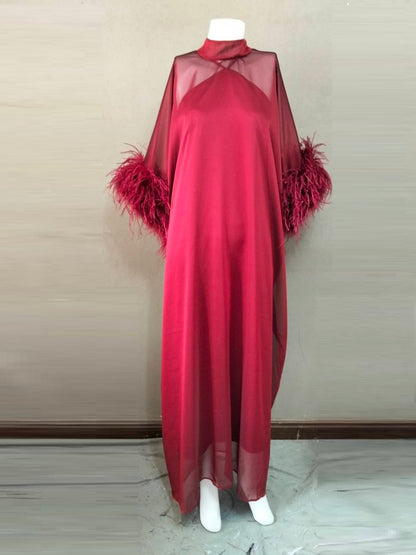 MARAYA Red Green Kaftan Shift Evening Maxi Feather dress