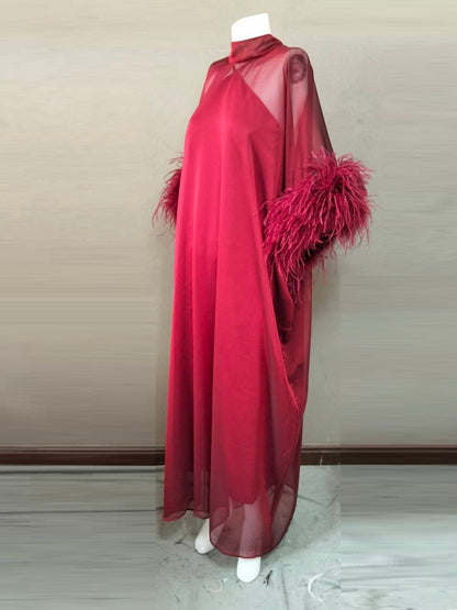 MARAYA Red Green Kaftan Shift Evening Maxi Feather dress
