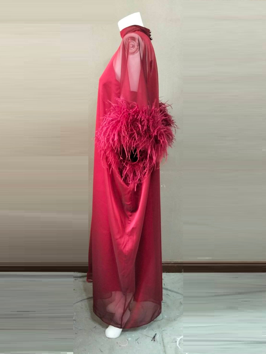MARAYA Red Green Kaftan Shift Evening Maxi Feather dress