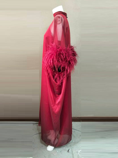 MARAYA Red Green Kaftan Shift Evening Maxi Feather dress