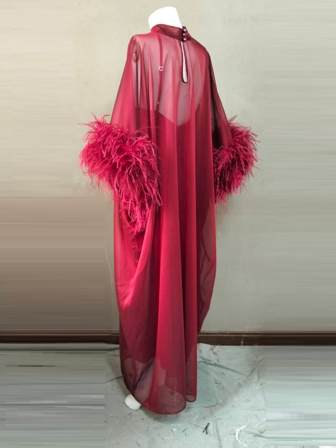 MARAYA Red Green Kaftan Shift Evening Maxi Feather dress