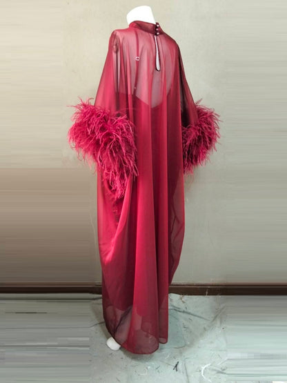 MARAYA Red Green Kaftan Shift Evening Maxi Feather dress