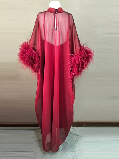MARAYA Red Green Kaftan Shift Evening Maxi Feather dress