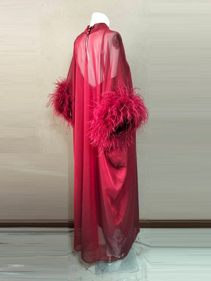 MARAYA Red Green Kaftan Shift Evening Maxi Feather dress