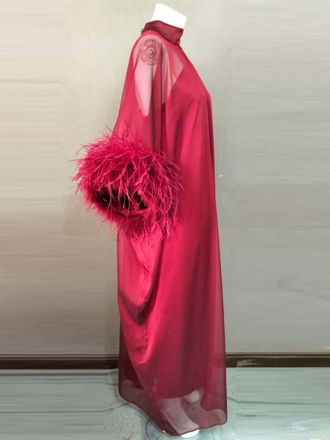 MARAYA Red Green Kaftan Shift Evening Maxi Feather dress