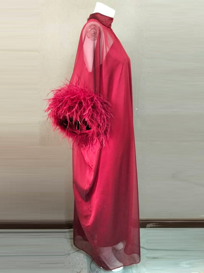 MARAYA Red Green Kaftan Shift Evening Maxi Feather dress