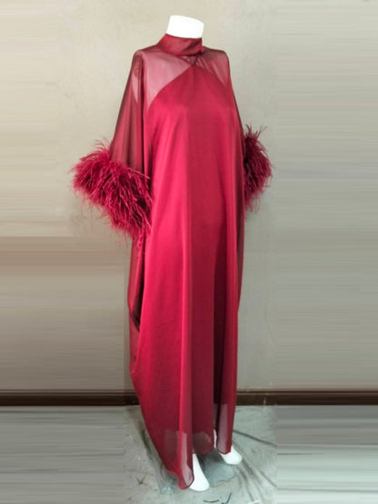 MARAYA Red Green Kaftan Shift Evening Maxi Feather dress