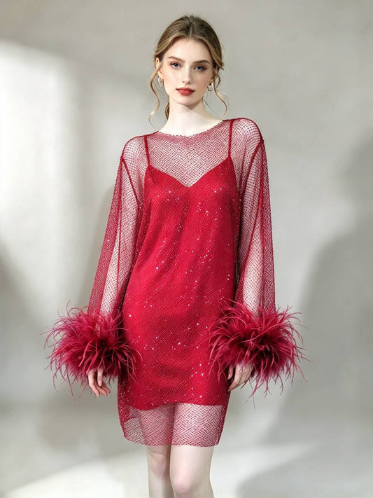 MARAYA Red Rhinestone Mesh Long Sleeve Mini Dress With Slip dress