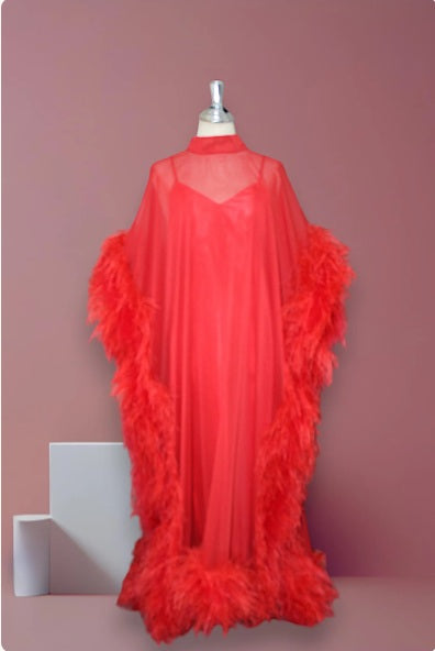MARAYA Red Silk chiffon Kaftan Feather Maxi Dress