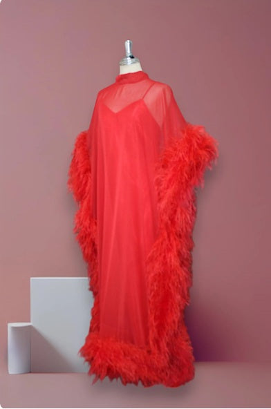 MARAYA Red Silk chiffon Kaftan Feather Maxi Dress