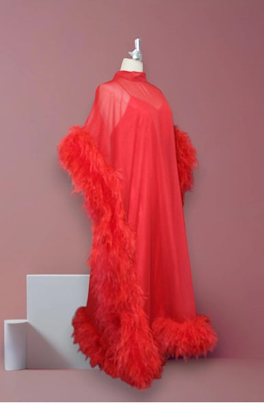 MARAYA Red Silk chiffon Kaftan Feather Maxi Dress