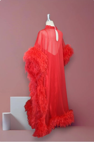 MARAYA Red Silk chiffon Kaftan Feather Maxi Dress