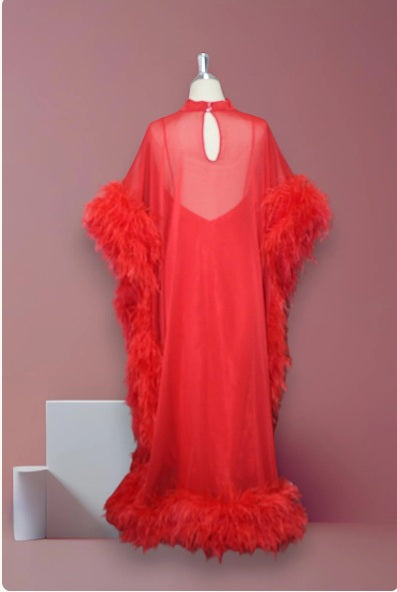 MARAYA Red Silk chiffon Kaftan Feather Maxi Dress