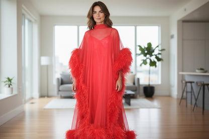 MARAYA Red Silk chiffon Kaftan Feather Maxi Dress