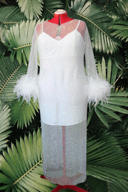 MARAYA Plus Size Rhinestone Mesh Long Sleeve Maxi Dress With Slip dress
