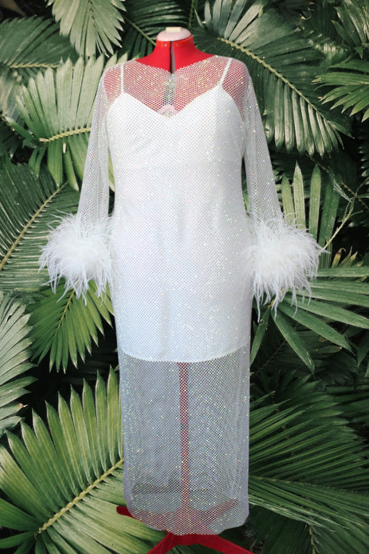 MARAYA Plus Size Rhinestone Mesh Long Sleeve Maxi Dress With Slip dress