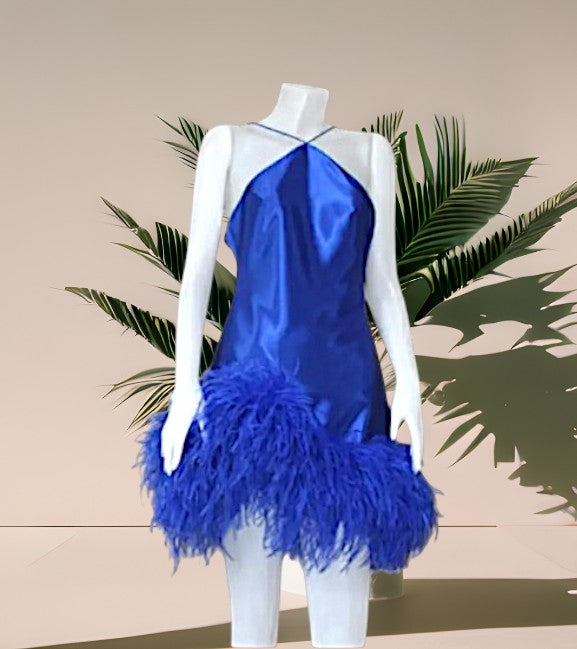 MARAYA Satin Blue Halter Neck Mini Feather Dress