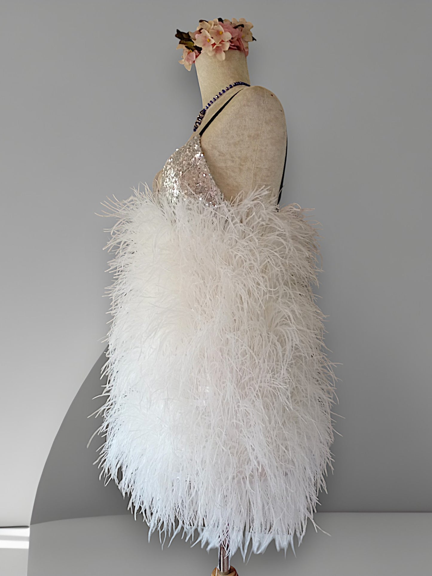 MARAYA Sequin Spaghetti Wedding Feather Mini Dress