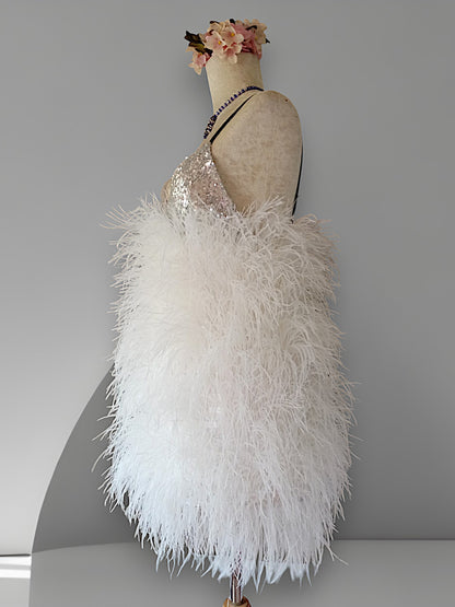 MARAYA Sequin Spaghetti Wedding Feather Mini Dress