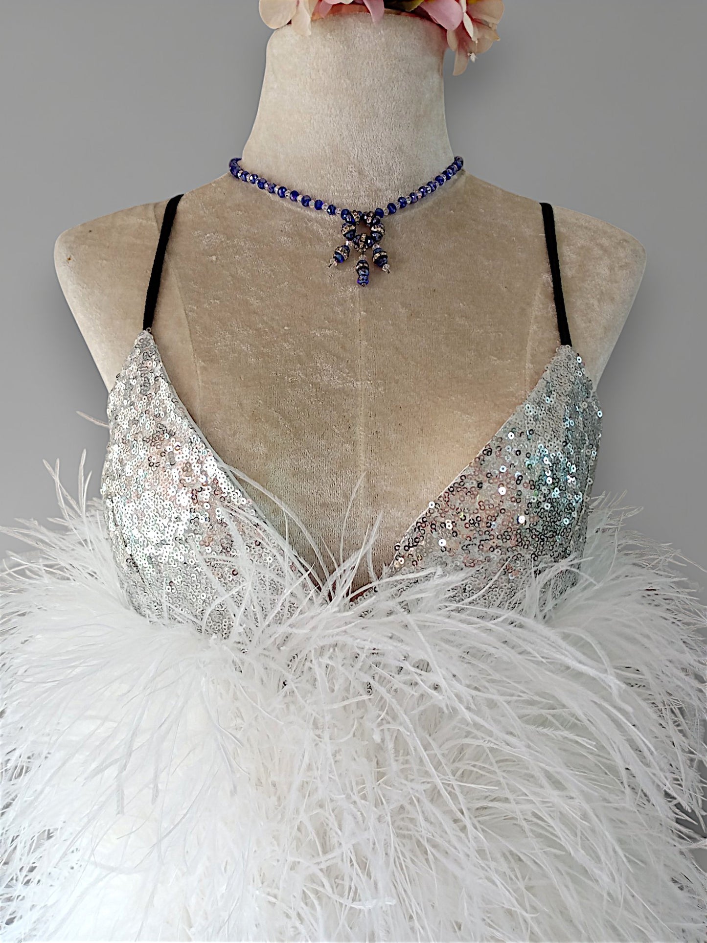 MARAYA Sequin Spaghetti Wedding Feather Mini Dress