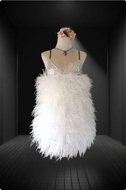 MARAYA Sequin Spaghetti Wedding Feather Mini Dress