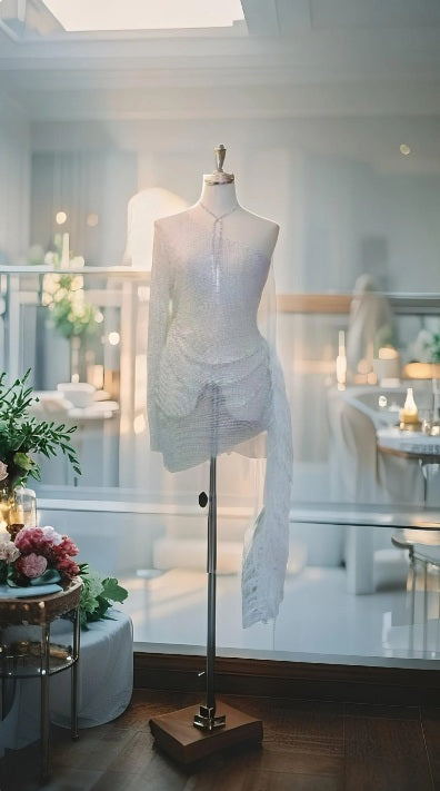 MARAYA Sheer Rhinestone Mesh Stretch Single Sleeve High Slit Mini See - through Dress