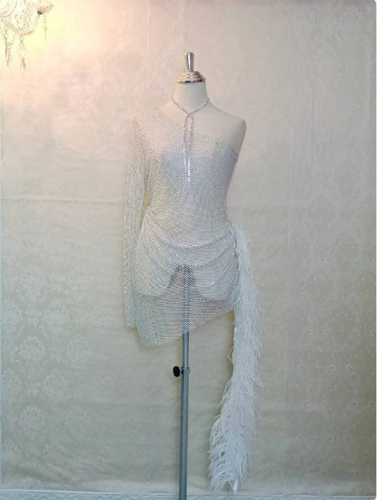 MARAYA Sheer Rhinestone Mesh Stretch Single Sleeve High Slit Mini See - through Dress