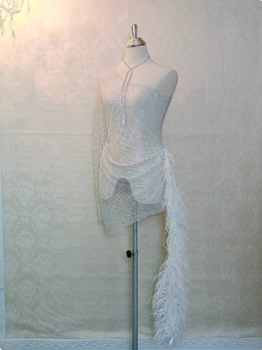 MARAYA Sheer Rhinestone Mesh Stretch Single Sleeve High Slit Mini See - through Dress